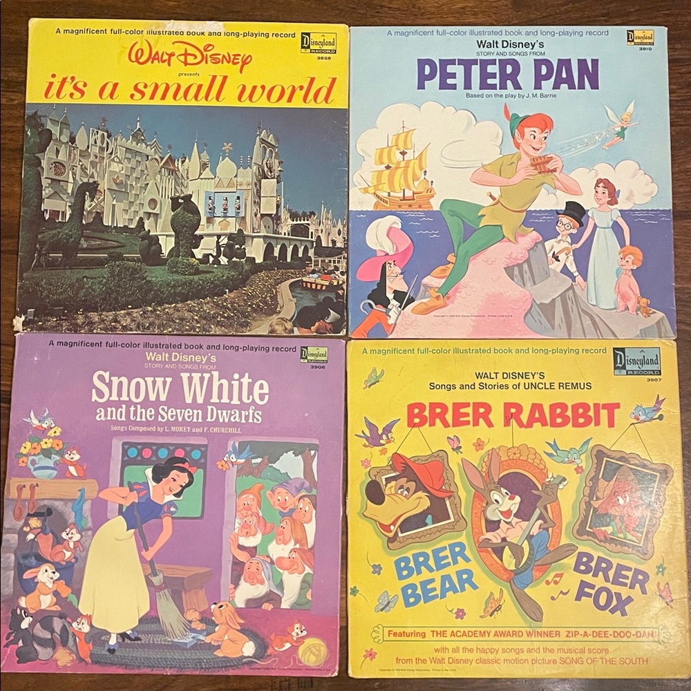 4 DISNEY Vintage Vinyl LP Records w/ Books Small World Snow White Peter Pan Brer